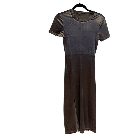 Zara Women S Taupe Grey Metallic Velvet Side Slit Fitted Bodycon Midi Dress NWT - Picture 4 of 12